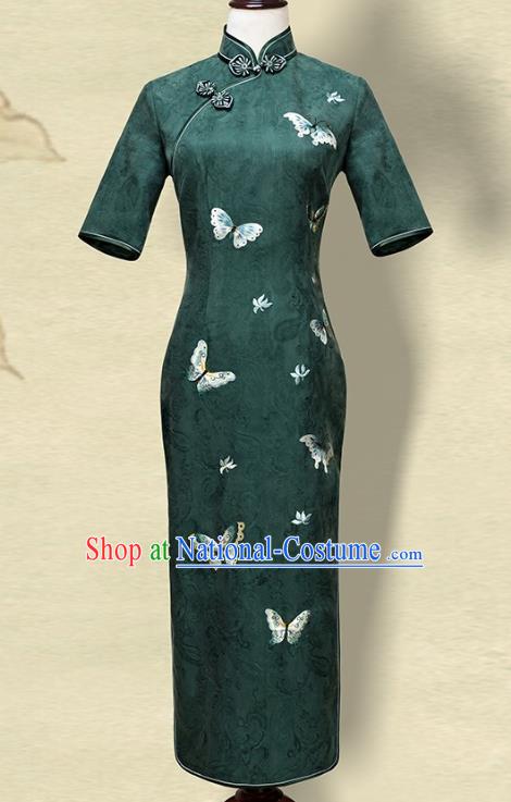 China Embroidery Butterfly Deep Green Silk Qipao Dress Traditional Embroidered Cheongsam Costume