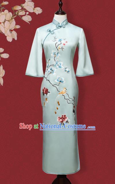 China Traditional Qipao Dress Embroidered Costume Embroidery Flowers Bird Light Blue Silk Cheongsam