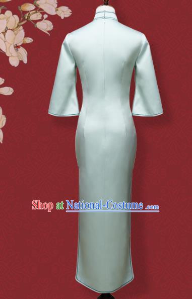 China Traditional Qipao Dress Embroidered Costume Embroidery Flowers Bird Light Blue Silk Cheongsam