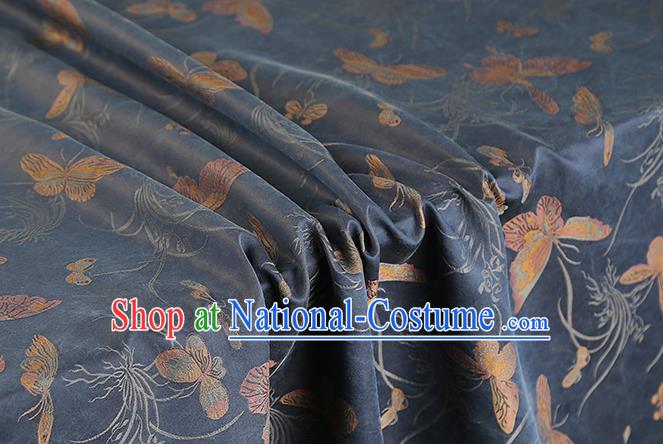 Chinese Traditional Cheongsam Silk Fabric Royal Butterfly Orchids Pattern Navy Song Brocade Gambiered Guangdong Gauze