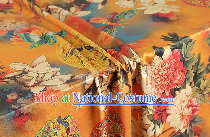 Chinese Royal Mangnolia Peony Pattern Gambiered Guangdong Gauze Brocade Cloth Drapery Traditional Cheongsam Orange Silk Fabric