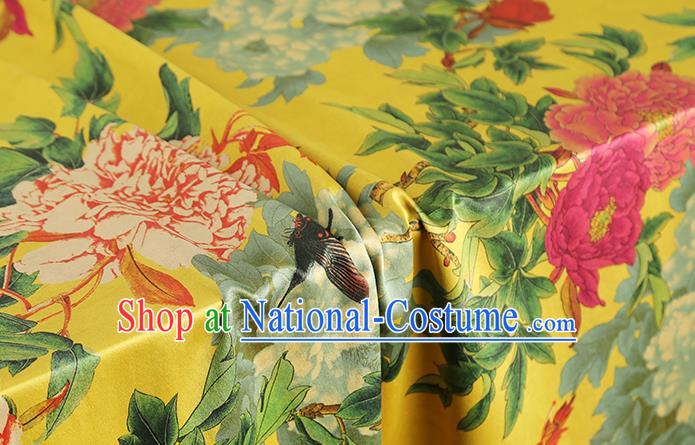 Chinese Gambiered Guangdong Gauze Brocade Cloth Drapery Traditional Cheongsam Royal Peony Pattern Yellow Silk Fabric