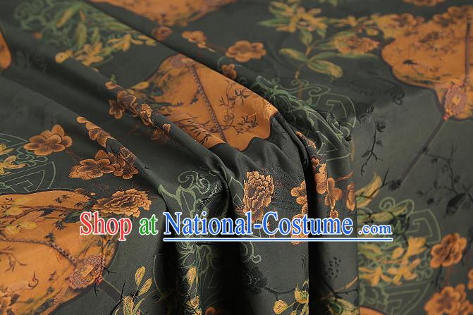 Chinese Dark Green Brocade Cloth Drapery Gambiered Guangdong Gauze Traditional Cheongsam Royal Plum Fan Pattern Silk Fabric