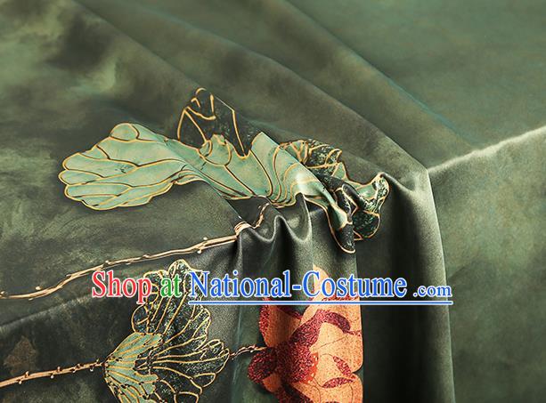 Chinese Olive Green Brocade Cloth Drapery Gambiered Guangdong Gauze Traditional Cheongsam Royal Lotus Pattern Silk Fabric