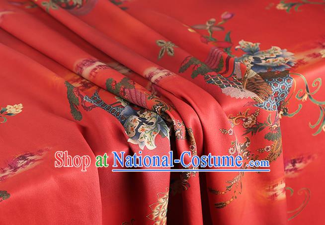 Chinese Classical Flowers Pattern Gambiered Guangdong Gauze Drapery Traditional Cheongsam Silk Fabric Red Brocade Cloth