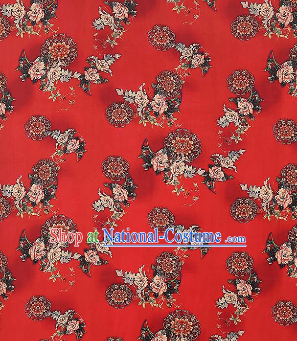 Chinese Traditional Cheongsam Silk Fabric Red Brocade Cloth Classical Peony Pattern Gambiered Guangdong Gauze Drapery