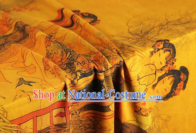 Chinese Traditional Cheongsam Yellow Silk Fabric Classical Beauty Pattern Gambiered Guangdong Gauze Drapery Brocade Cloth