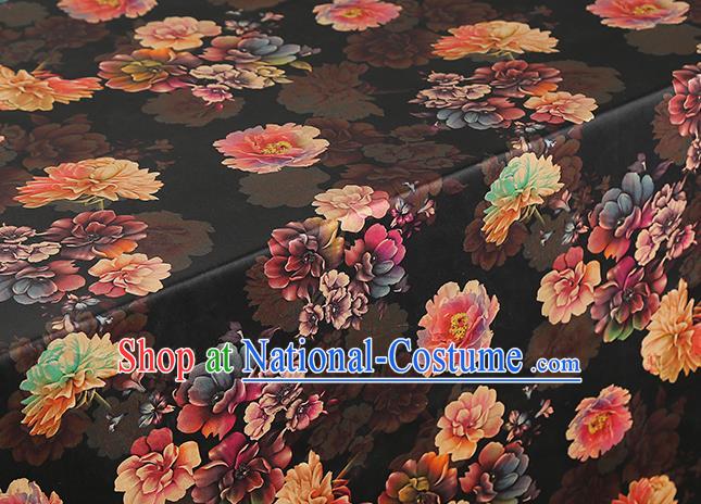 Chinese Traditional Brocade Cloth Classical Peony Pattern Gambiered Guangdong Gauze Drapery Cheongsam Black Silk Fabric