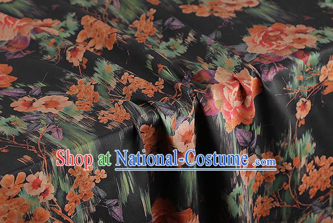 Chinese Traditional Black Brocade Drapery Cheongsam Silk Fabric Classical Roses Pattern Gambiered Guangdong Gauze