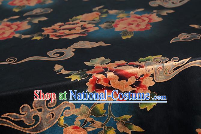 Chinese Traditional Gambiered Guangdong Gauze Cheongsam Silk Drapery Classical Peony Pattern Black Brocade Fabric