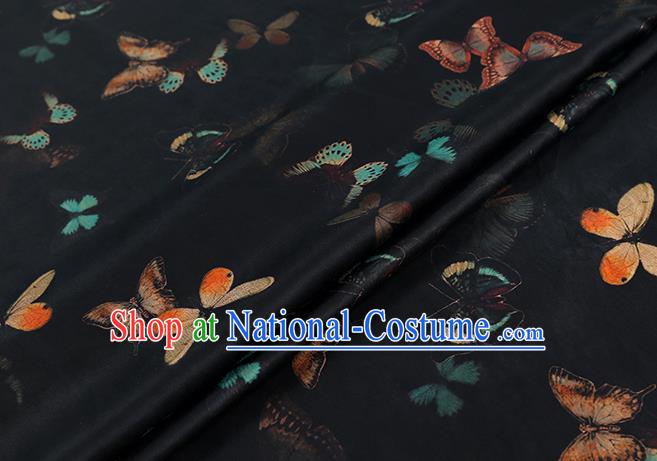 Chinese Classical Butterfly Pattern Black Brocade Fabric Traditional Gambiered Guangdong Gauze Cheongsam Silk Drapery