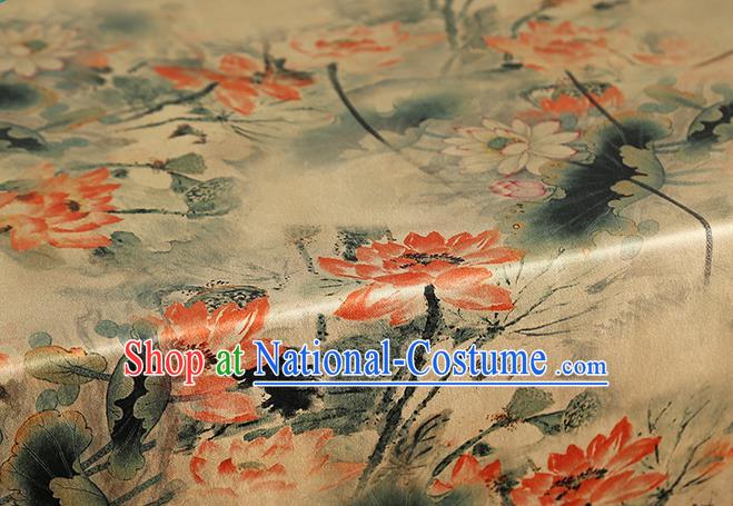 Chinese Classical Lotus Pattern Light Yellow Brocade Fabric Cheongsam Silk Drapery Traditional Gambiered Guangdong Gauze