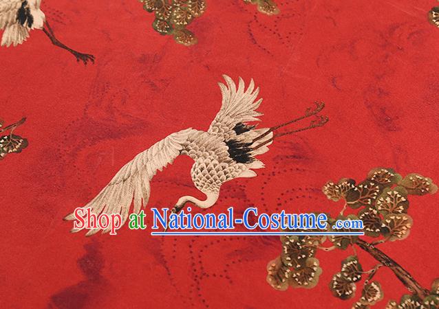 Chinese Cheongsam Silk Fabric Traditional Red Brocade Cloth Classical Pine Crane Pattern Gambiered Guangdong Gauze Drapery