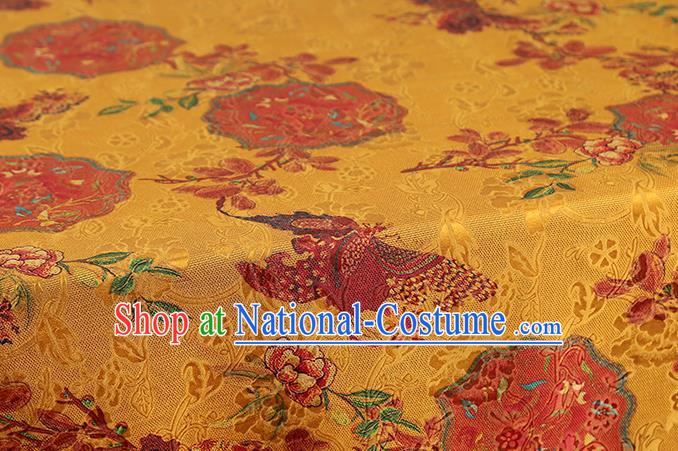 Chinese Traditional Gambiered Guangdong Gauze Classical Peony Pattern Golden Brocade Fabric Cheongsam Silk Drapery