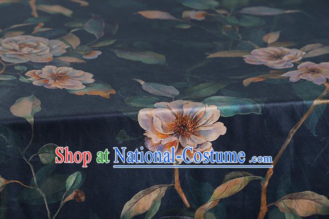 Chinese Cheongsam Printing Navy Silk Drapery Traditional Gambiered Guangdong Gauze Classical Camellia Pattern Brocade Fabric