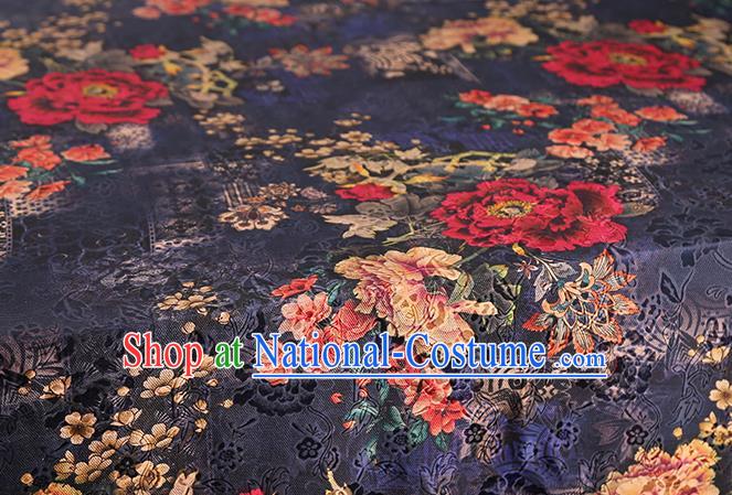 Chinese Traditional Gambiered Guangdong Gauze Classical Peony Pattern Brocade Fabric Cheongsam Printing Navy Silk Drapery