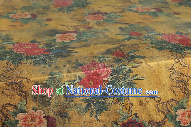 Chinese Classical Peony Pattern Yellow Brocade Fabric Cheongsam Silk Drapery Traditional Gambiered Guangdong Gauze Cloth