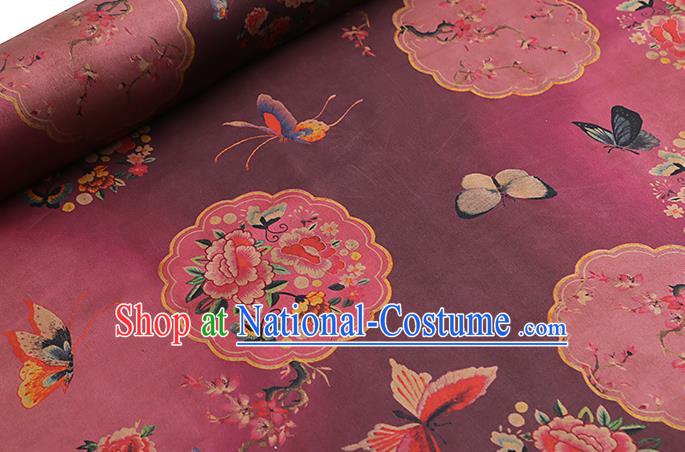 Chinese Traditional Purple Brocade Drapery Cheongsam Gambiered Guangdong Gauze Classical Peony Butterfly Pattern Silk Fabric