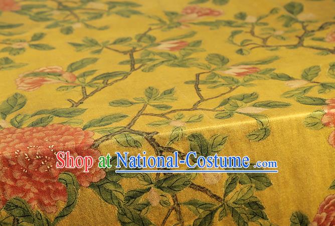 Chinese Classical Peony Pattern Brocade Fabric Traditional Gambiered Guangdong Gauze Cloth Cheongsam Yellow Silk Drapery