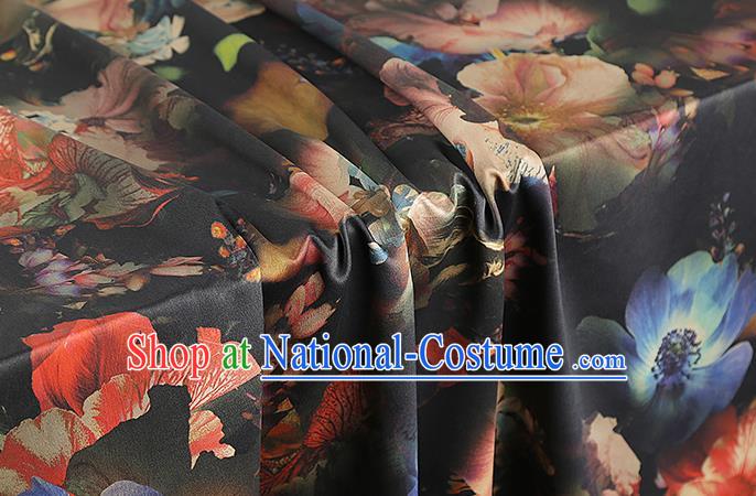 Chinese Traditional Black Brocade Drapery Cheongsam Gambiered Guangdong Gauze Classical Lotus Pattern Silk Fabric