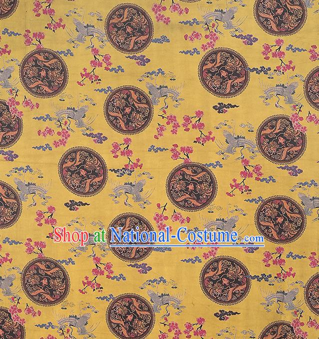 Chinese Traditional Cheongsam Yellow Gambiered Guangdong Gauze Cloth Silk Drapery Classical Phoenix Dragon Pattern Brocade Fabric