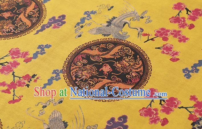 Chinese Traditional Cheongsam Yellow Gambiered Guangdong Gauze Cloth Silk Drapery Classical Phoenix Dragon Pattern Brocade Fabric