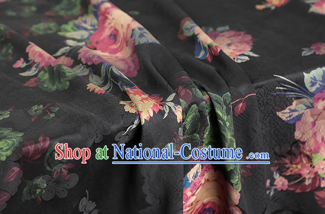 Chinese Classical Roses Pattern Brocade Cheongsam Black Gambiered Guangdong Gauze Fabric Traditional Silk Drapery