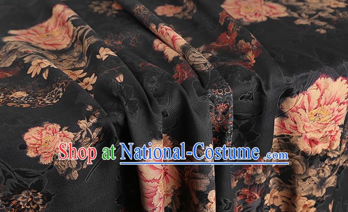 Chinese Brocade Fabric Traditional Cheongsam Black Silk Drapery Classical Peony Pattern Gambiered Guangdong Gauze