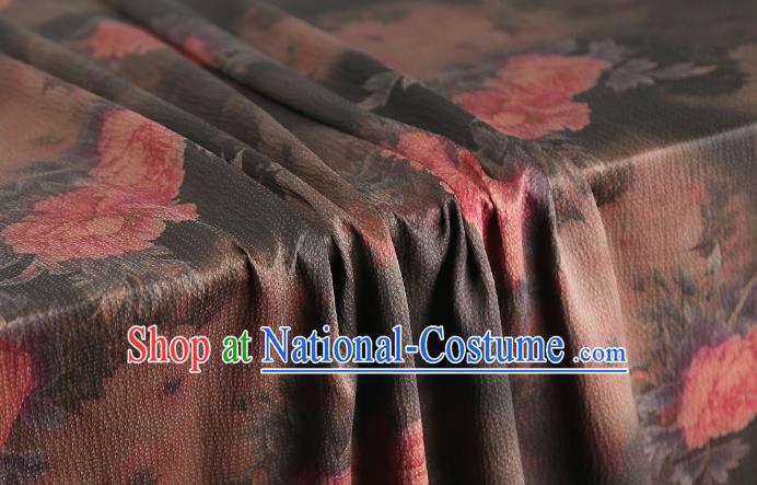 Chinese Brown Brocade Fabric Classical Peony Pattern Silk Drapery Traditional Cheongsam Gambiered Guangdong Gauze