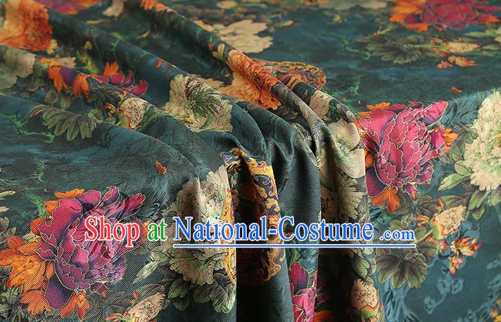 Chinese Dark Green Brocade Fabric Classical Peony Pattern Silk Drapery Traditional Cheongsam Gambiered Guangdong Gauze