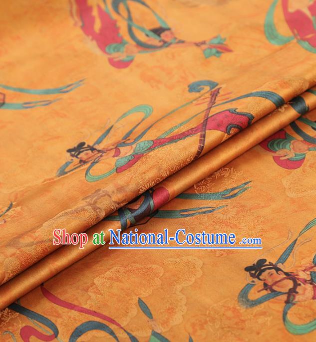 Chinese Traditional Cheongsam Gambiered Guangdong Gauze Yellow Brocade Fabric Classical Flying Apsaras Pattern Silk Drapery