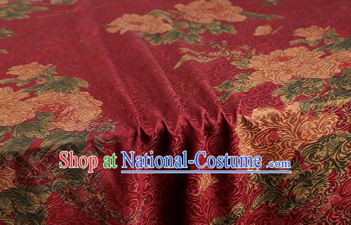 Chinese Traditional Red Brocade Drapery Cheongsam Gambiered Guangdong Gauze Classical Peony Pattern Silk Fabric