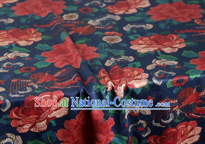 Chinese Traditional Deep Blue Brocade Drapery Cheongsam Classical Peony Pattern Silk Fabric Gambiered Guangdong Gauze