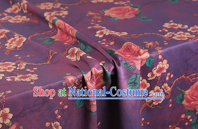 Chinese Traditional Purple Brocade Drapery Cheongsam Gambiered Guangdong Gauze Classical Plum Rose Pattern Silk Fabric