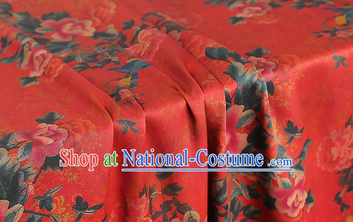 Chinese Cheongsam Gambiered Guangdong Gauze Classical Peony Pattern Silk Fabric Traditional Red Brocade Drapery