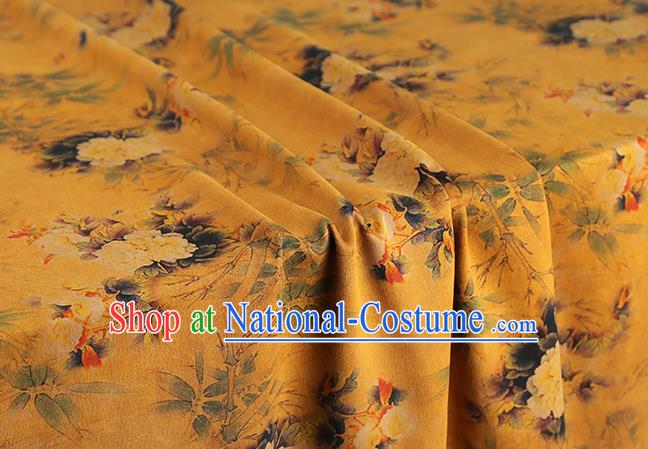 Chinese Cheongsam Silk Fabric Traditional Gambiered Guangdong Gauze Classical Peony Pattern Yellow Brocade Drapery