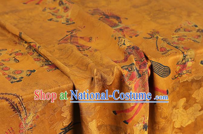 Chinese Traditional Yellow Gambiered Guangdong Gauze Classical Shadow Puppetry Pattern Brocade Drapery Cheongsam Silk Fabric