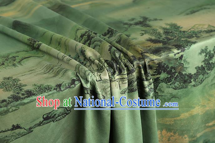 Chinese Classical Landscape Pattern Brocade Drapery Traditional Gambiered Guangdong Gauze Cheongsam Green Silk Fabric