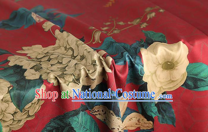 Chinese Classical Camellia Pattern Red Brocade Drapery Traditional Gambiered Guangdong Gauze Cheongsam Silk Fabric