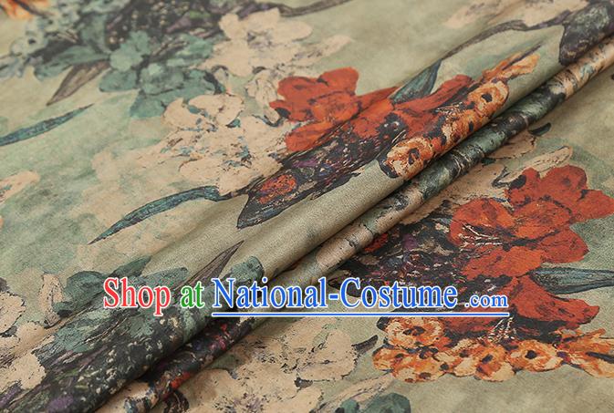 Chinese Light Green Brocade Fabric Traditional Cheongsam Gambiered Guangdong Gauze Classical Flowers Pattern Silk Drapery