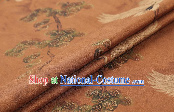 Chinese Classical Pine Crane Pattern Gambiered Guangdong Gauze Silk Drapery Traditional Cheongsam Brown Brocade Fabric