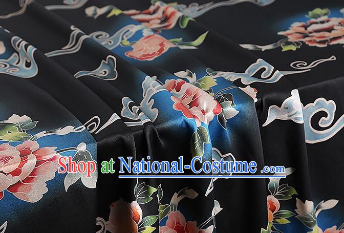 Chinese Silk Drapery Traditional Cheongsam Brocade Fabric Classical Peony Pattern Black Gambiered Guangdong Gauze