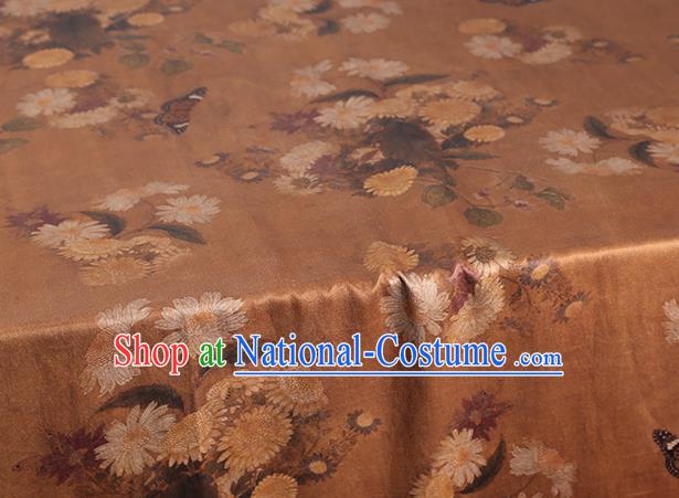 Chinese Classical Chrysanthemum Pattern Brown Silk Drapery Gambiered Guangdong Gauze Traditional Cheongsam Brocade Fabric