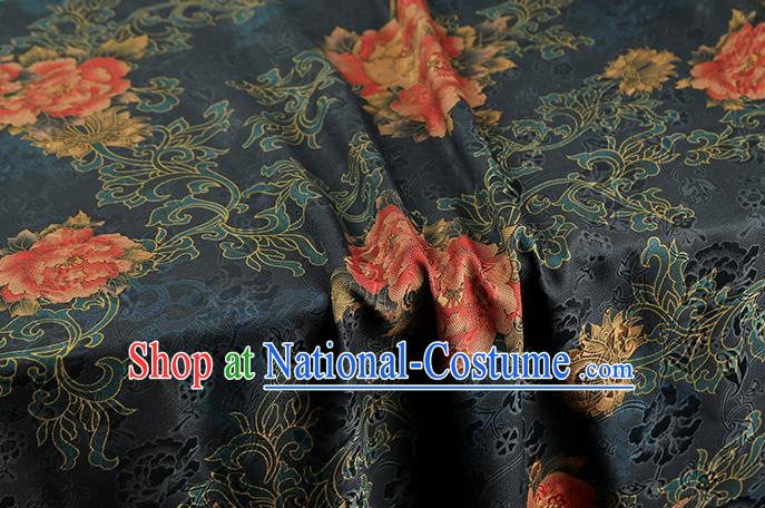 Chinese Classical Peony Pattern Navy Silk Drapery Traditional Cheongsam Brocade Fabric Gambiered Guangdong Gauze