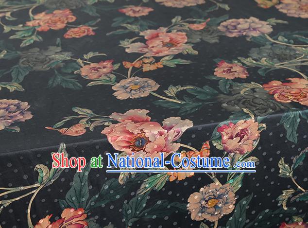 Chinese Traditional Peony Pattern Black Silk Drapery Classical Gambiered Guangdong Gauze Cheongsam Brocade Fabric