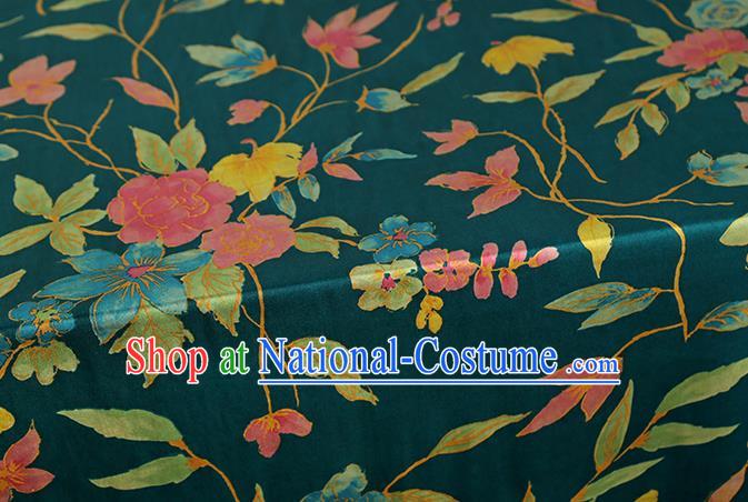 Chinese Traditional Flowers Pattern Deep Green Silk Drapery Classical Gambiered Guangdong Gauze Cheongsam Brocade Fabric