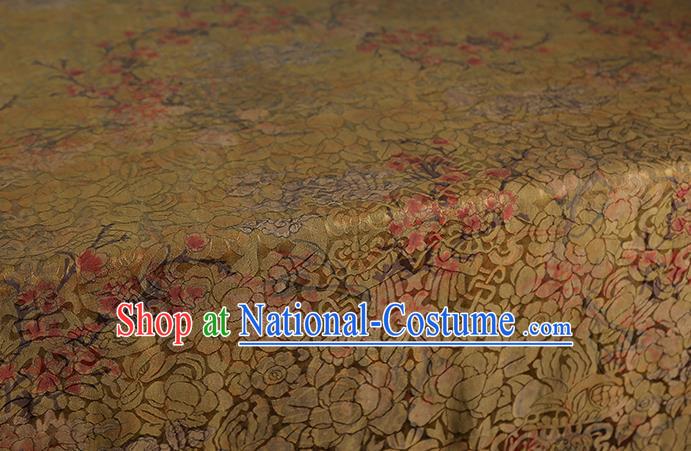 Chinese Classical Golden Gambiered Guangdong Gauze Traditional Plum Blossom Pattern Brocade Fabric Cheongsam Silk Drapery