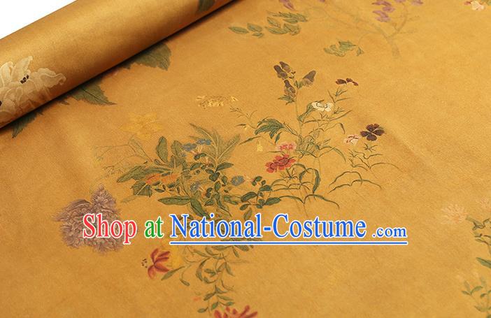 Chinese Classical Flowers Pattern Silk Drapery Traditional Golden Brocade Qipao Dress Satin Fabric