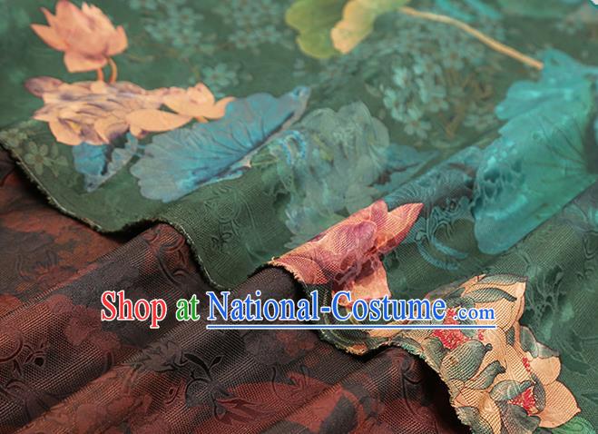 Chinese Classical Lotus Pattern Silk Drapery Qipao Dress Deep Green Satin Traditional Brocade Fabric