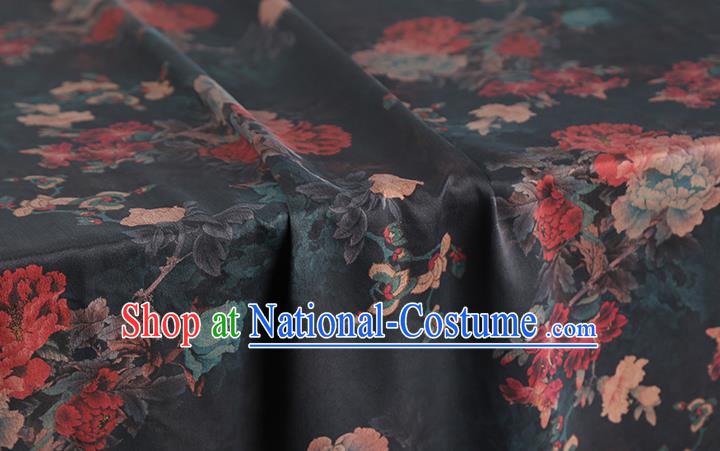 Chinese Traditional Black Brocade Fabric Classical Peony Pattern Silk Drapery Qipao Dress Gambiered Guangdong Gauze